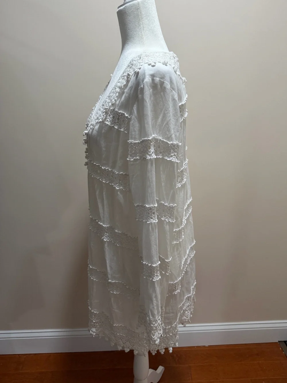 Tory Burch White Crochet Lace Long Sleeve V Neck Coverup Dress Sz. L